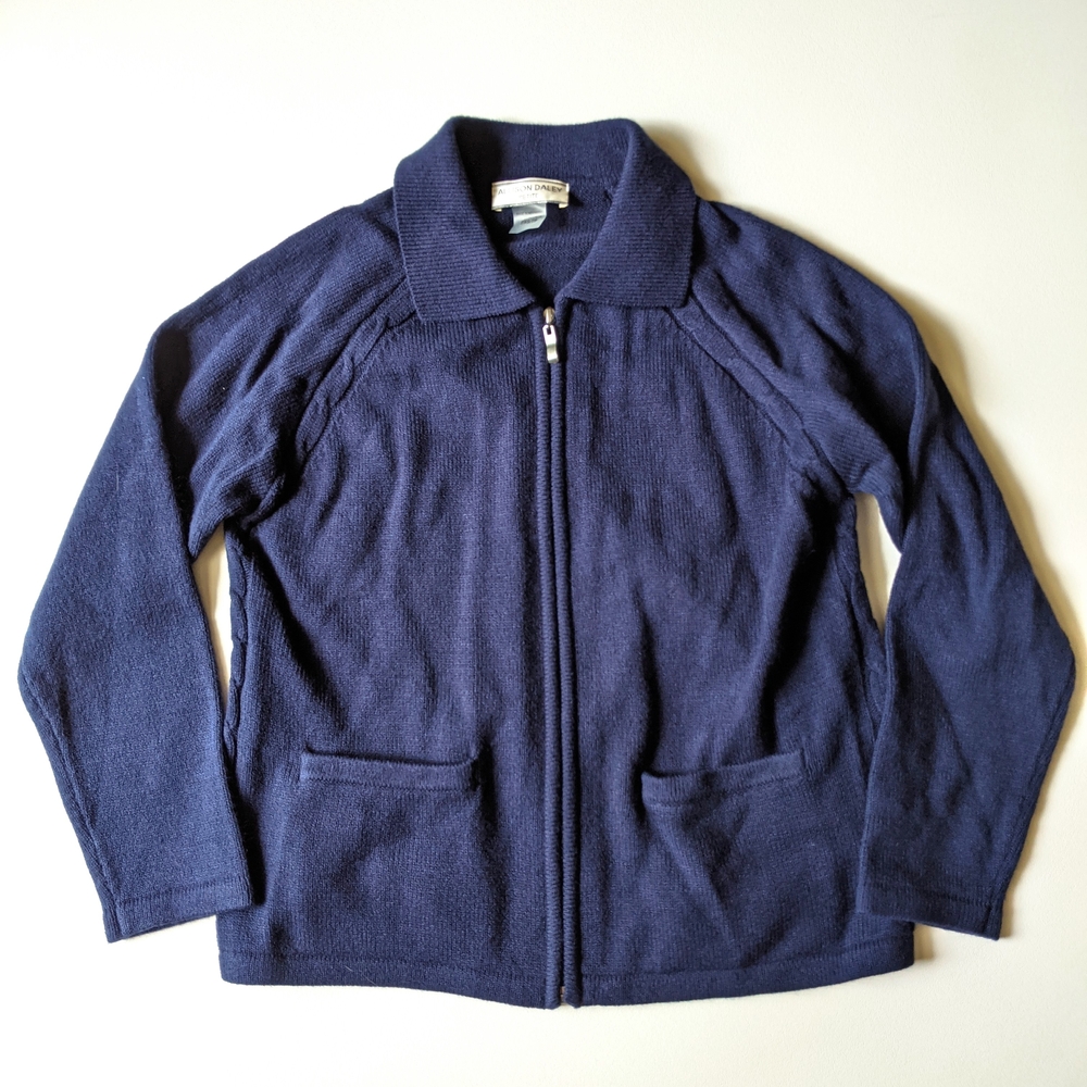 Vintage 90s Allison Daley navy knit zip cardigan